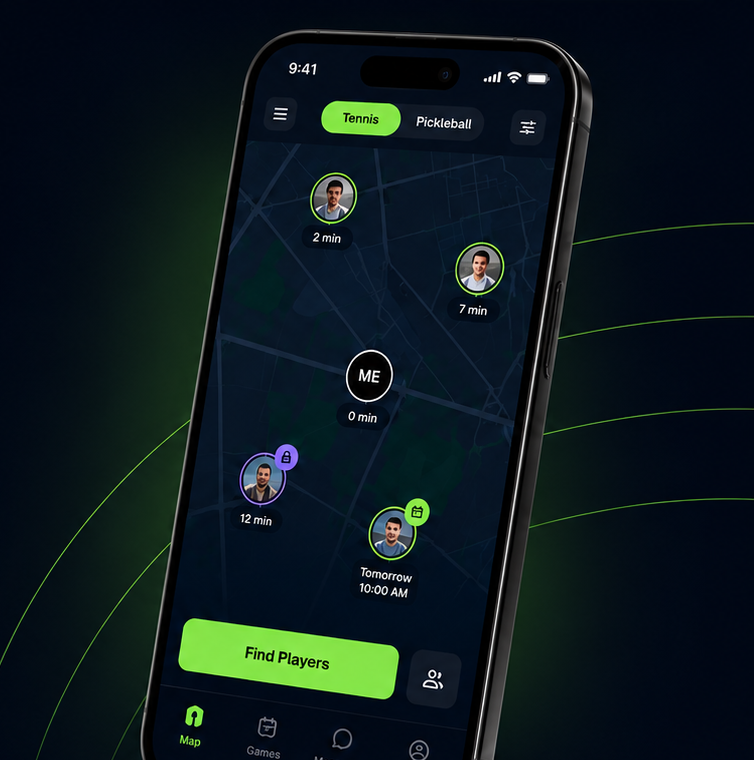 PlayGoOn app map screen showing nearby tennis players